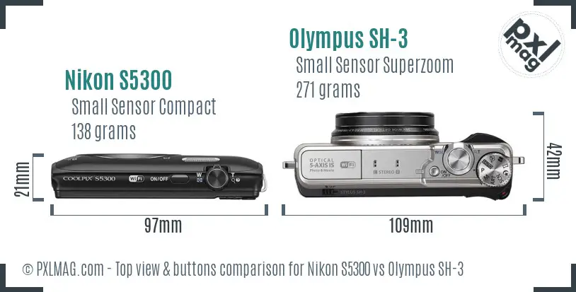 Nikon S5300 vs Olympus SH-3 top view buttons comparison