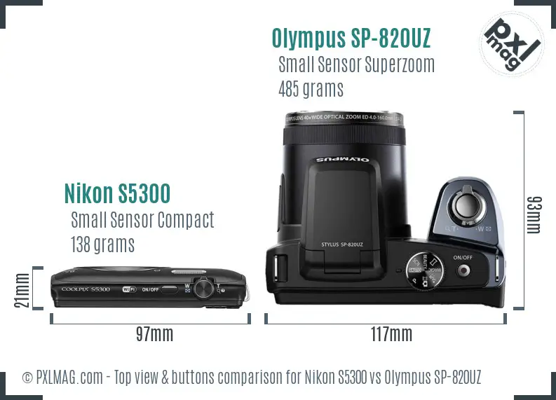 Nikon S5300 vs Olympus SP-820UZ top view buttons comparison Nikon S5300 vs Olympus SP-820UZ top view buttons comparison