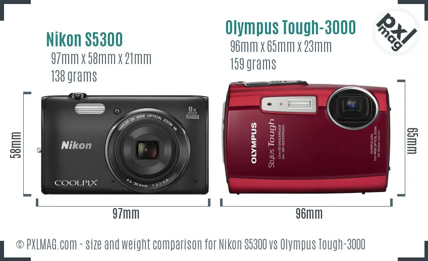 Nikon S5300 vs Olympus Tough-3000 size comparison Nikon S5300 vs Olympus Tough-3000 size comparison