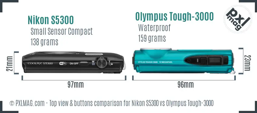 Nikon S5300 vs Olympus Tough-3000 top view buttons comparison