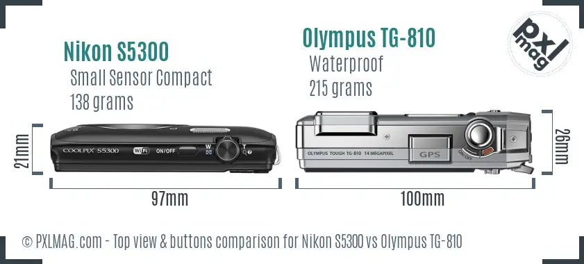 Nikon S5300 vs Olympus TG-810 top view buttons comparison Nikon S5300 vs Olympus TG-810 top view buttons comparison