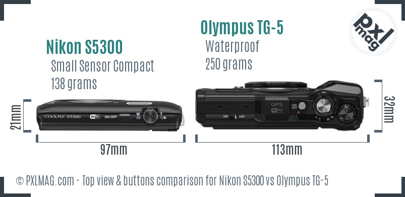Nikon S5300 vs Olympus TG-5 top view buttons comparison