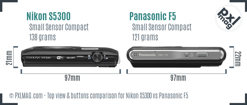 Nikon S5300 vs Panasonic F5 top view buttons comparison