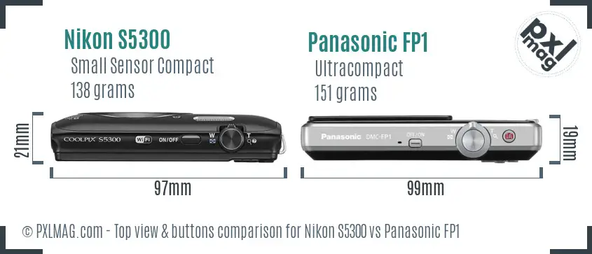 Nikon S5300 vs Panasonic FP1 top view buttons comparison