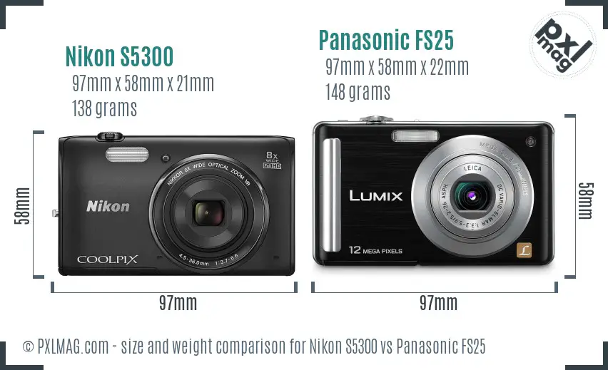 Nikon S5300 vs Panasonic FS25 size comparison