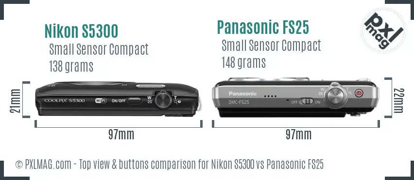 Nikon S5300 vs Panasonic FS25 top view buttons comparison