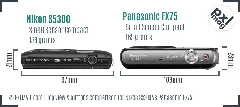 Nikon S5300 vs Panasonic FX75 top view buttons comparison