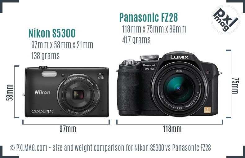 Nikon S5300 vs Panasonic FZ28 size comparison