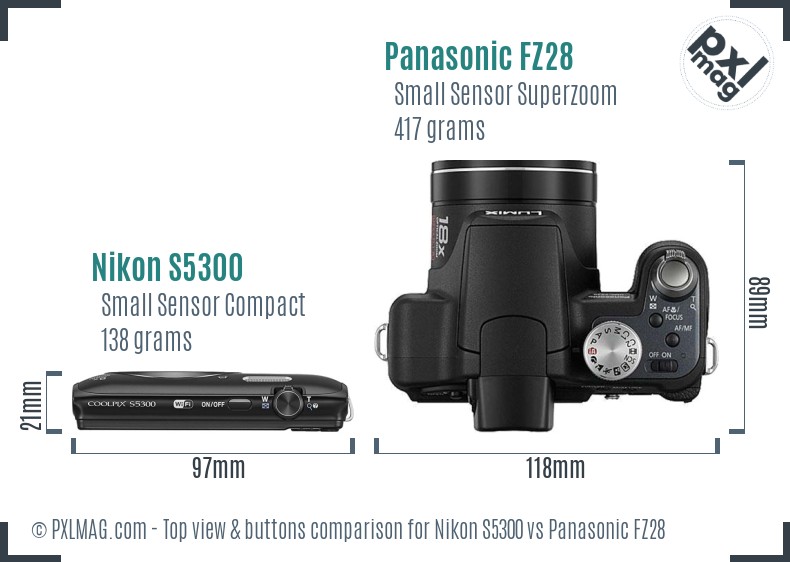 Nikon S5300 vs Panasonic FZ28 top view buttons comparison
