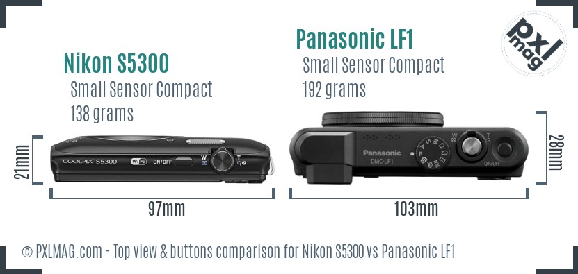 Nikon S5300 vs Panasonic LF1 top view buttons comparison
