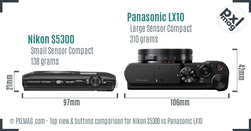 Nikon S5300 vs Panasonic LX10 top view buttons comparison