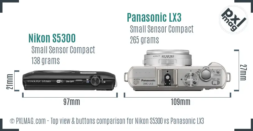 Nikon S5300 vs Panasonic LX3 top view buttons comparison