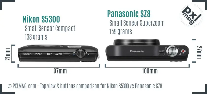 Nikon S5300 vs Panasonic SZ8 top view buttons comparison Nikon S5300 vs Panasonic SZ8 top view buttons comparison