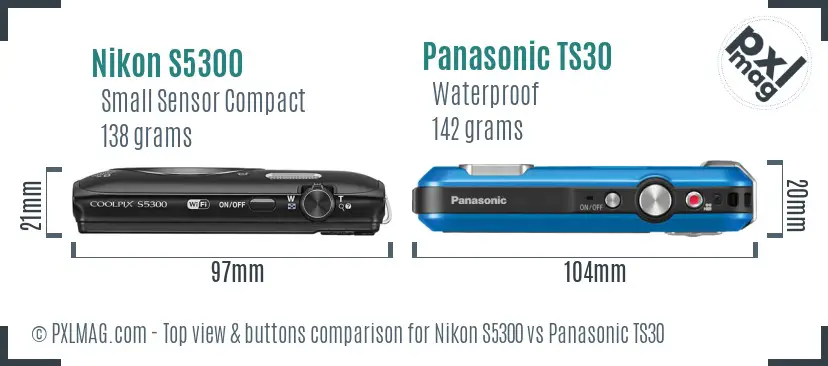 Nikon S5300 vs Panasonic TS30 top view buttons comparison Nikon S5300 vs Panasonic TS30 top view buttons comparison