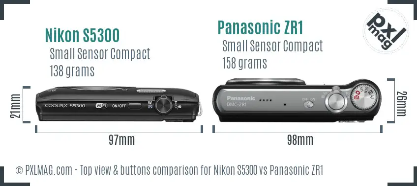 Nikon S5300 vs Panasonic ZR1 top view buttons comparison Nikon S5300 vs Panasonic ZR1 top view buttons comparison