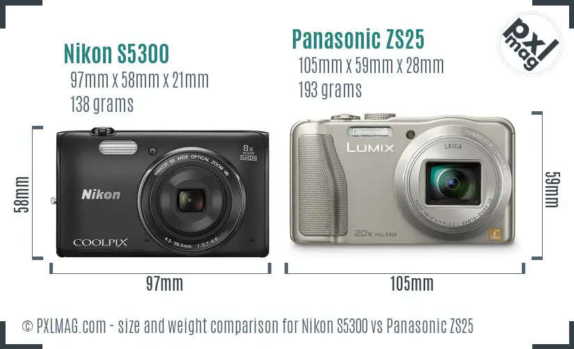 Nikon S5300 vs Panasonic ZS25 size comparison