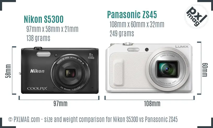 Nikon S5300 vs Panasonic ZS45 size comparison