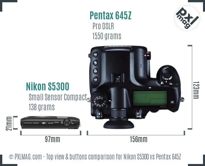 Nikon S5300 vs Pentax 645Z top view buttons comparison