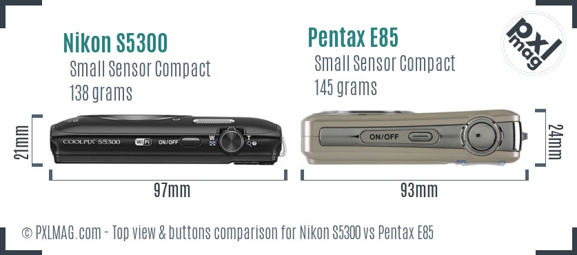 Nikon S5300 vs Pentax E85 top view buttons comparison