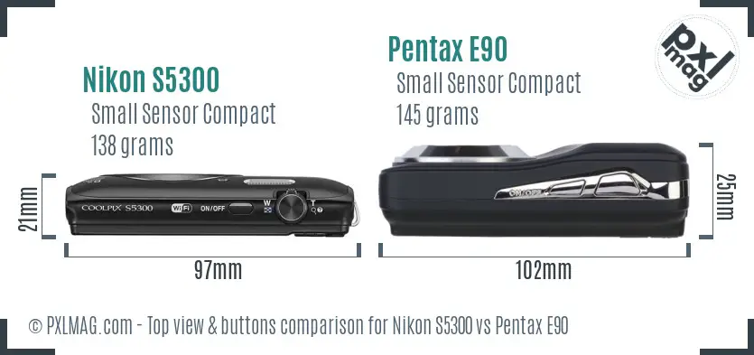 Nikon S5300 vs Pentax E90 top view buttons comparison