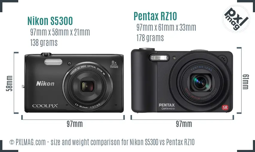 Nikon S5300 vs Pentax RZ10 size comparison Nikon S5300 vs Pentax RZ10 size comparison
