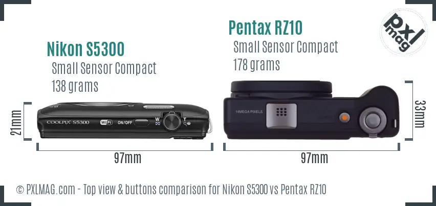 Nikon S5300 vs Pentax RZ10 top view buttons comparison Nikon S5300 vs Pentax RZ10 top view buttons comparison