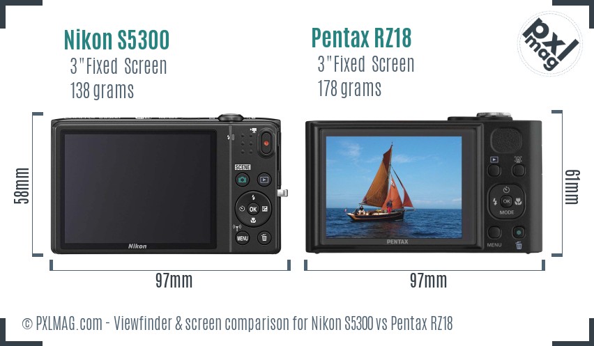 Nikon S5300 vs Pentax RZ18 Screen and Viewfinder comparison