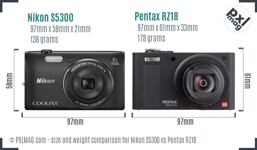 Nikon S5300 vs Pentax RZ18 size comparison Nikon S5300 vs Pentax RZ18 size comparison