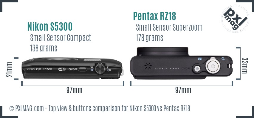 Nikon S5300 vs Pentax RZ18 top view buttons comparison