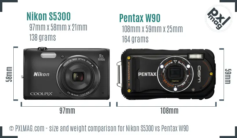 Nikon S5300 vs Pentax W90 size comparison