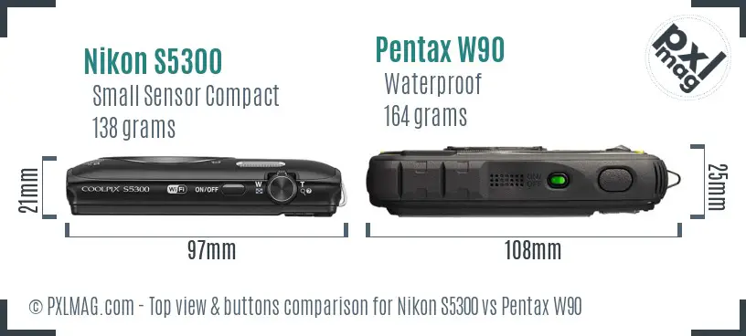 Nikon S5300 vs Pentax W90 top view buttons comparison