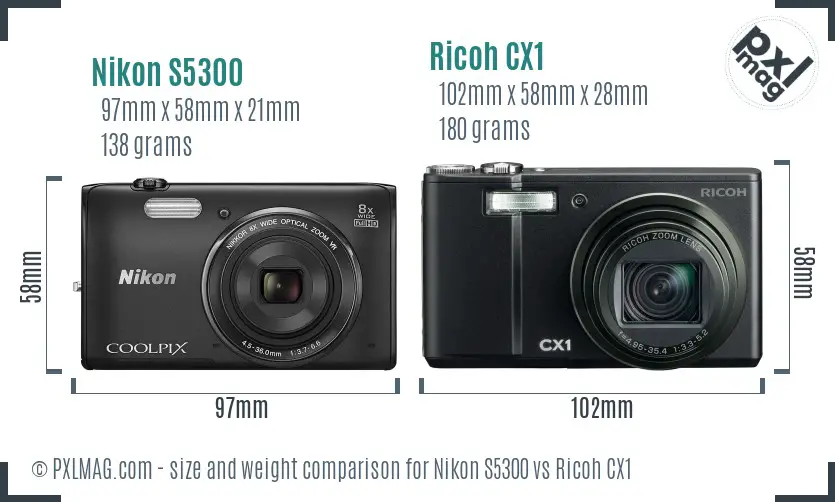 Nikon S5300 vs Ricoh CX1 size comparison