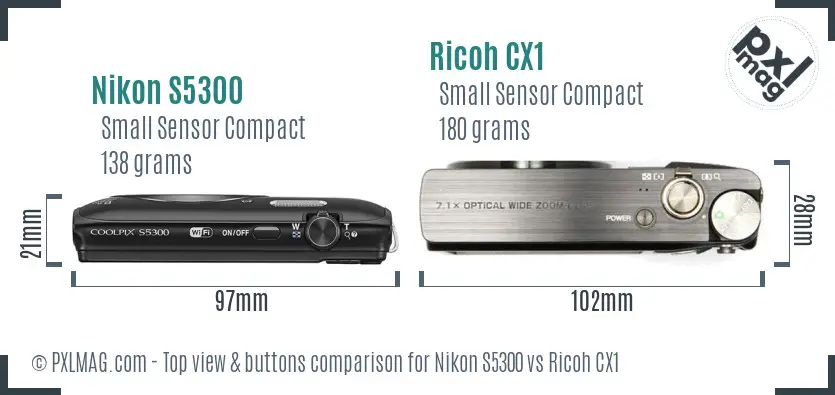 Nikon S5300 vs Ricoh CX1 top view buttons comparison