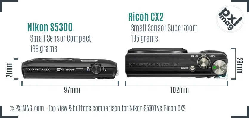 Nikon S5300 vs Ricoh CX2 top view buttons comparison Nikon S5300 vs Ricoh CX2 top view buttons comparison