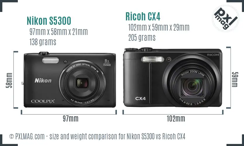 Nikon S5300 vs Ricoh CX4 size comparison