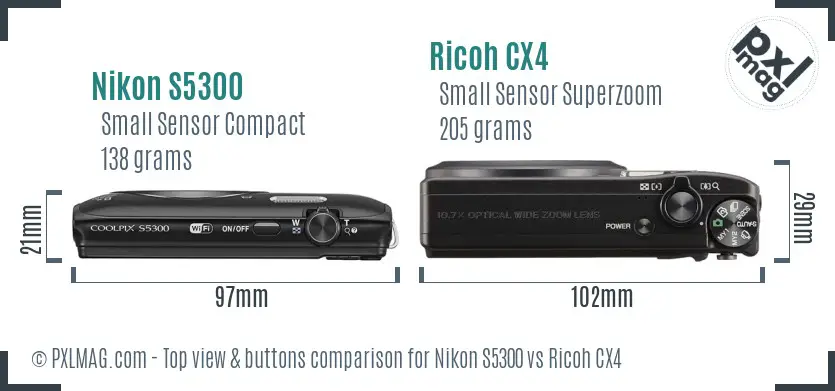 Nikon S5300 vs Ricoh CX4 top view buttons comparison