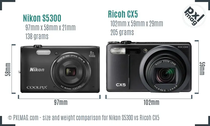Nikon S5300 vs Ricoh CX5 size comparison