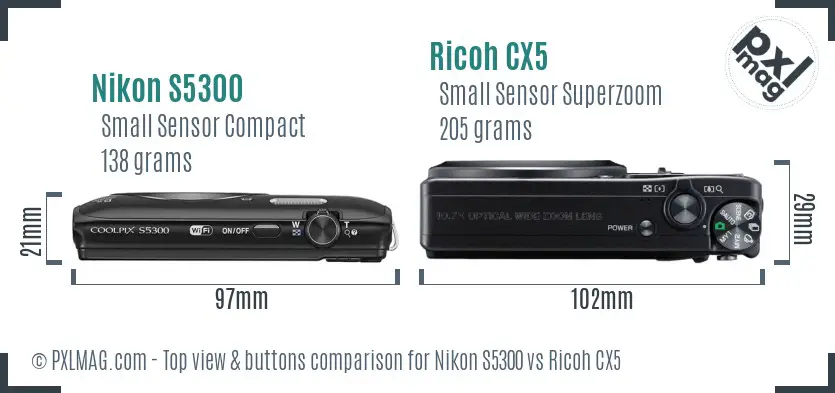 Nikon S5300 vs Ricoh CX5 top view buttons comparison
