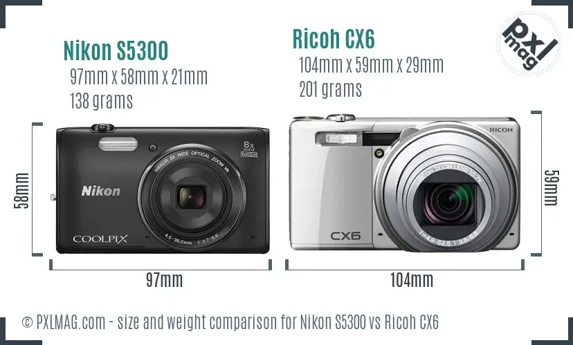 Nikon S5300 vs Ricoh CX6 size comparison