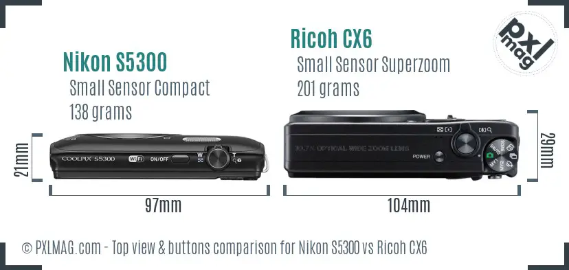 Nikon S5300 vs Ricoh CX6 top view buttons comparison