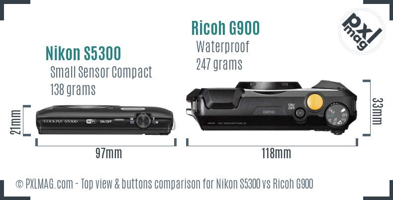 Nikon S5300 vs Ricoh G900 top view buttons comparison