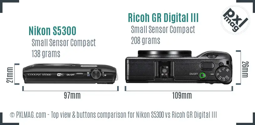Nikon S5300 vs Ricoh GR Digital III top view buttons comparison