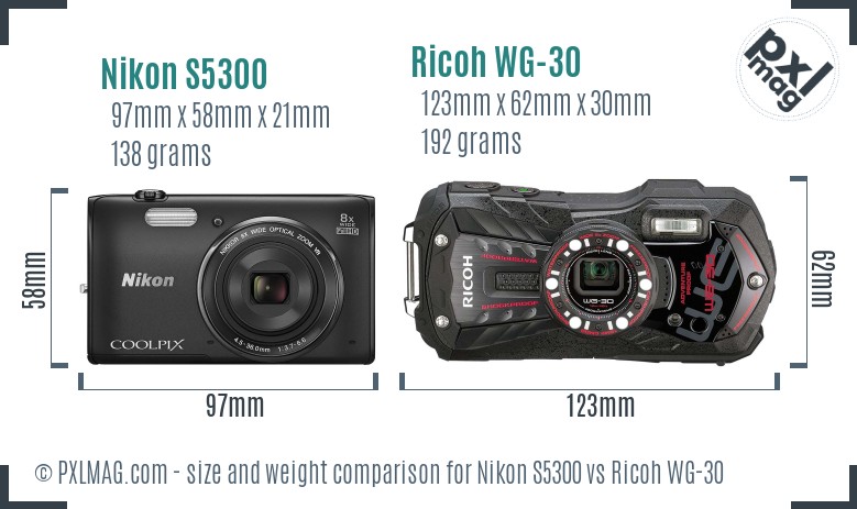 Nikon S5300 vs Ricoh WG-30 size comparison
