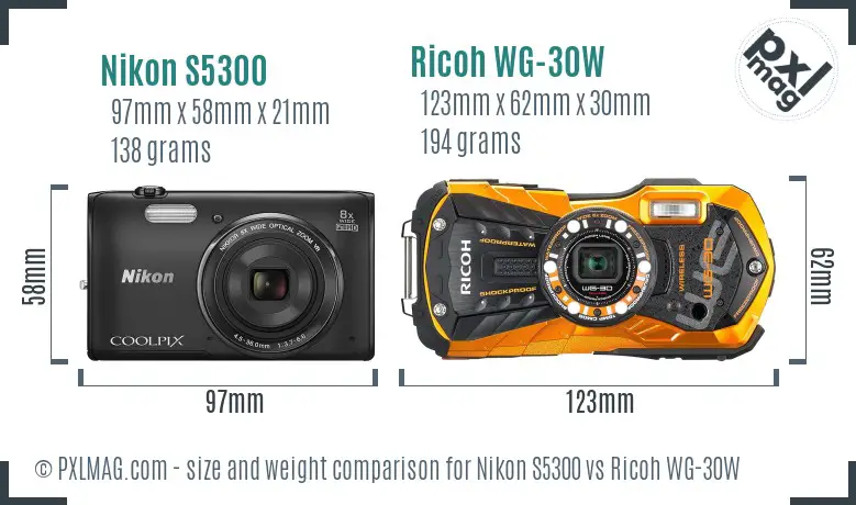 Nikon S5300 vs Ricoh WG-30W size comparison