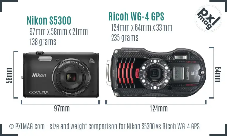 Nikon S5300 vs Ricoh WG-4 GPS size comparison Nikon S5300 vs Ricoh WG-4 GPS size comparison
