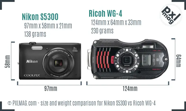 Nikon S5300 vs Ricoh WG-4 size comparison