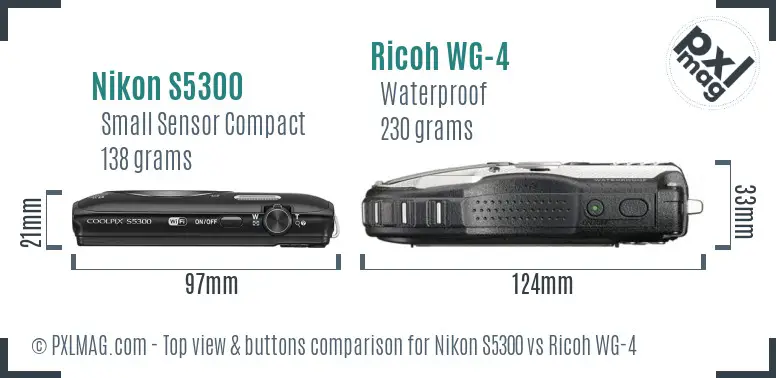 Nikon S5300 vs Ricoh WG-4 top view buttons comparison