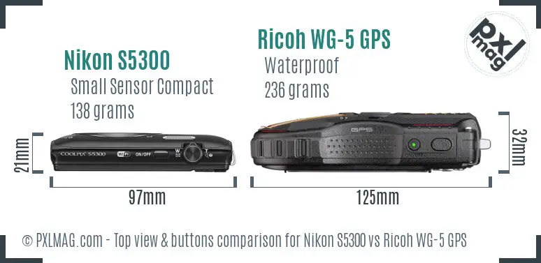 Nikon S5300 vs Ricoh WG-5 GPS top view buttons comparison