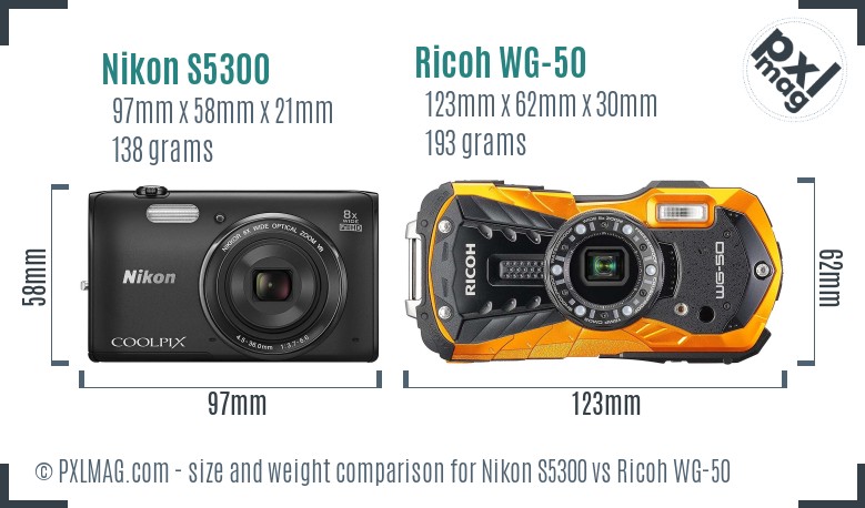 Nikon S5300 vs Ricoh WG-50 size comparison