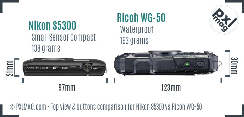 Nikon S5300 vs Ricoh WG-50 top view buttons comparison
